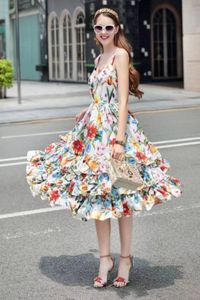 Runway Dresses Spring/summer runway rose print halter sleeveless mid-length cake beach dress S M L XL