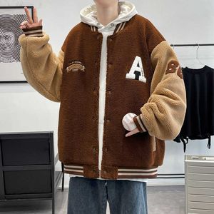 Ceketler Erkek Kış Büyük Boyut Polar Beyzbol Sokak Giyim Trend Kalın Kaşmir Kuzu Yün Palto Sıcak Sahte Kürk Varsity Y2211