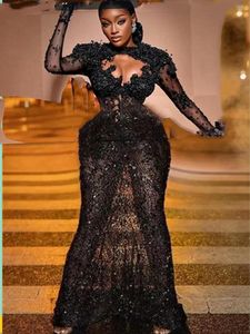 Sexy Illusion Black Mermaid Abiti da sera Maniche lunghe Perle Paillettes Perline Appliques di pizzo Aso Ebi Abiti da ballo di fine anno Corsetto buco della serratura Occasioni speciali 2023