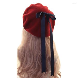 Hüte Nette handgemachte Spitze Bogen Hut Winter Japanische Lolita Maler Kawaii Preppy Stil Mädchen Woolen Baskenmütze Süße Weibliche