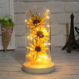Night Lights Artificial Eternal Flower Rose Sunflower In Glass Cover Wedding Women's Day Mother's Gift Bedside Warm Lamp Home Decor