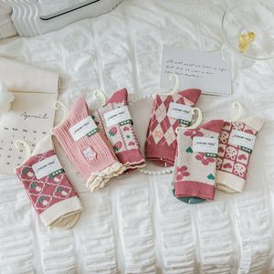 Socks pink sweet cute rabbit garden medium long tube women's double needle double way