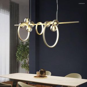 Kolye lambalar altın modern yaratıcı led avize dumanlı cam yuvarlak yüzük yemek odası için uzun lamba mutfak adası bar kahve ofis