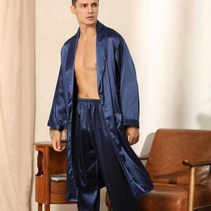 Mäns sömnkläder män lapel pyjamas set långärmad mantel byxor satin solid 2 st sömnkläder manlig badrock klänning casual sömn set kimono klänning t221103