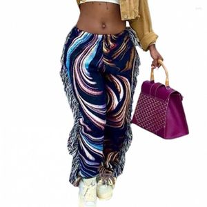 Frauen Hosen Verdicken Lange Frauen Elastische Taille Taschen Mit Quaste Frühling Warm Bunte Print Mode Streetwear Hosen 2022