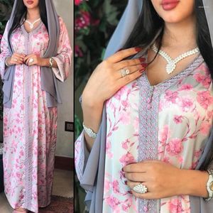 Roupas étnicas rosa floral muçulmano abaya mulher vestido maxi de gola vúcia dubai kaftan manto de manga longa vestidos de noite elegante islâmico