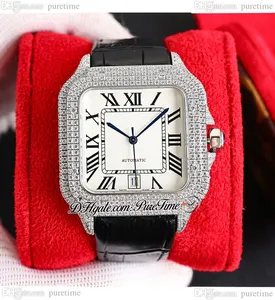 TWF TWWSSA0009 M8215 Diamantes pavimentados Mens Automático Relógio 40 Miyota totalmente gelada Diamante Diamante Branco Marcadores Romanos Romes de Couro Super Edição Puretime E5