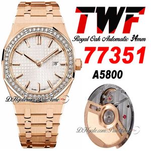 TWF 34mm 77351 A5800 Automatic Ladies Watch 50th Anniversary Diamond Bezel Rose Gold White Textured Dial Stainless Steel Bracelet Womens Super Edition Puretime A1