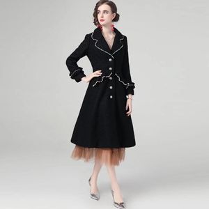 Women's Trench Coats Diamond-studded Beaded Buttons Long-sleeved Single-breasted Black Overcoat Women's Autumn-winter 2022