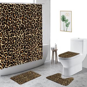 Zasłony prysznicowe szary lampart moda geparda 3D druk łazienka 4 -częściowy zestaw przeciw poślizgów dywan toaleta kurtyna 221104