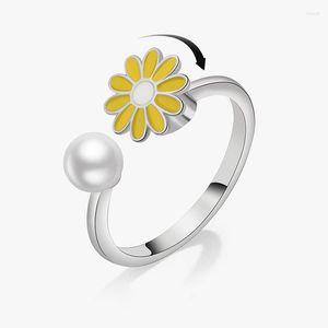 Wedding Rings Cute Romantic Simple Style Daisy Open For Women Small Flower Pearls Epoxy Female Trendy Ring Accessories Jewelry