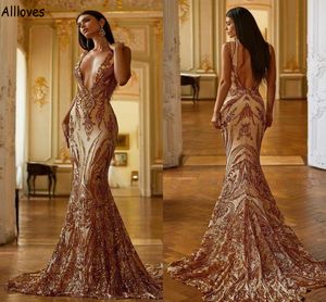 Sequined Mermaid Champagne Lace Prom Pageant Dresses Sexy Plunging V Neck Backless Evening Party Gowns Arabic Aso Ebi Second Reception Engagement Dress CL1364