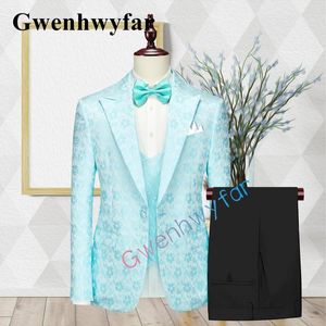 Herrdräkter Gwenhwyfar Top Design Style Men's Sky Blue Suit Casual Three Piece High Quality Jacquard Tyg Groom Wedding Tuxedo