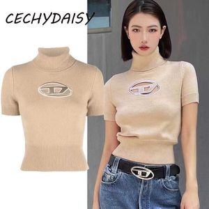 Sweaters Knitted Turtleneck Sweater Women High Street Solid Casual Designer Short Sleeve Hollow Out Sexy Crop Tops Pull Femme Clothing Za Y2211