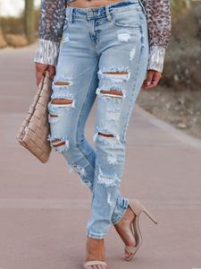 QNPQYX Streetwear Bleistifthose Lochhose Damen Europäischer Stil Damenjeans Gewaschene Ripped Holes