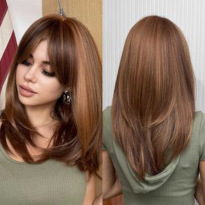 Synthetic Wigs Element Synthetic Wigs Medium Straight Blonde Mixed Brown Bob with Bangs Wig for Women Cosplay Daily Heat Resistant Headband T221103
