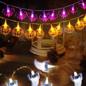 Strängar LED Halloween Lantern String Pumpkin Ghost Skeleton Bat Hand Remote Control Decorative Lights Festival Supplies