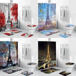 Tende da doccia Torre Eiffel 3D Tenda Parigi Paesaggio Set da bagno Tappeti antiscivolo Coperchio del WC Tappetino Tappeto Decorazioni per la casa 221104