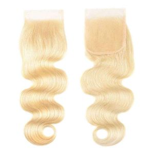 백금 금발 613 바디 웨이브 레이스 클로저 사전 뽑은 표백 된 매듭 Remy Human Hair 4x4 레이스 클로저