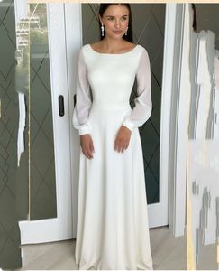 Simple Chiffon wedding dress Long Sleeve Plain Floor Length Bridal Gown Robe De Mariee White Simple Beach Scoop Elegant Zipper