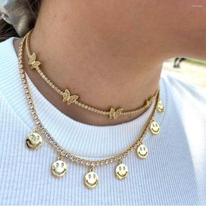 Colares pendentes 3pcs plating dourado chique sorrindo feliz encantos pendurados face hiphop cz cristal gargantilha jóias de colar curto