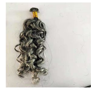 Ny silvergrå Curly I Tip Human Hair Extension Pre Bonded Salt och Pepper Wavy Curl Raw Gray Microinks Itips 0.7G/Strand 100strand/Pack Two Pack Free Shippng