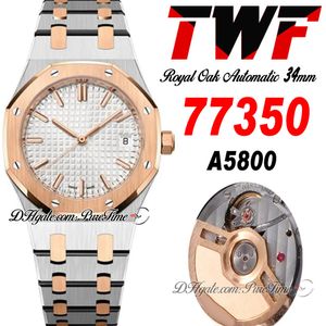 TWF 34mm 77350 A5800 Automatic Ladies Watch 50th Anniversary Two Tone Rose Gold White Textured Dial Stick Stainless Steel Bracelet Womens Super Edition Puretime B2
