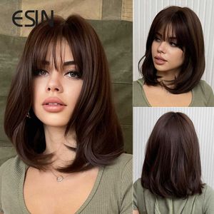 Synthetic Wigs ESIN Synthetic Dark Brown Ombre to Purple Bob Wigs with Bangs for Women medium long Straight Hair Wig Cosplay Hairstyle T221103
