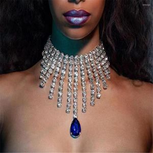 Gargantilha de strass longa borla grande azul pedra preciosa pingente colar jantar jóias para mulheres colarinho de cristal acessórios