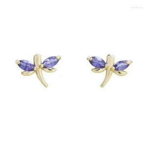 Stud Earrings 925 Sterling Silver Paved Purple Cz Cute Lovely Animal Small Dragonfly Earring For Girl