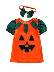 Girl Dresses Halloween Pumkin Dress Sets Baby Orange Short Sleeve Romper Bow Headband 0-24 Months Cosplay Clothes