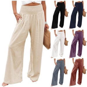 Calça feminina Casual feminina Lourada de algodão alta linho de algodão largo com os bolsos Cargo vintage coreano Jean