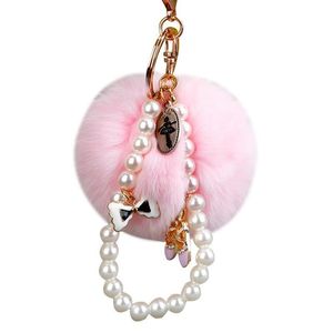 Keychains Lanyards Keychains Fluffy 8Cm Fur Pom Keychain Pearl Bow Crystal Llavero Pompon Keyring Ballet Love Key Chain Bag Charm Dhpsh