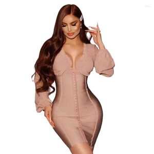 Casual Dresses Wholesale Women's Dress Elasticity Khaki Mesh l￥nga ￤rmar V-ringning Sexig k￤ndis cocktail fest bandage