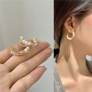 Hoopörhängen Elegant båge Cross Rhinestone Pearl For Women 2022 Korean Personlighet Guld Color Crystal Earring Jewelry Wholesale