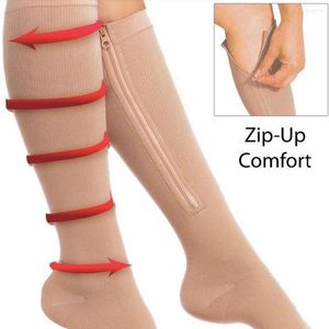 Erkek çorap moda tasarımı 2pc unisex sıkıştırma fermuar streç bacak desteği açık ayak parmağı diz stokları katı çorap