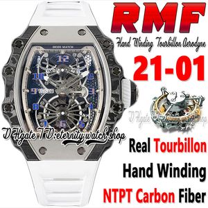 RMF MF202212101 Erkekler İzle Gerçek Tourbillon Aerodyne El Sarma Çelik Karbon Fiber Kılıf Kılıfı Dial Beyaz Kauçuk Kayış 2022 Süper Baskı Spor Sonsuzluk Saatleri