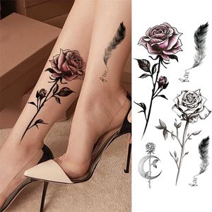 Temporäre Tattoos Damen Mode Blume Temporäre Tattoos Aufkleber Gefälschte Rose Feder TatooS Aufkleber Wasserdichte Körperkunst Beine Arm Tatoos Für Frauen 221105