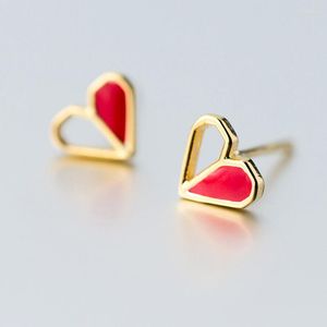 Stud Earrings Female 925 Sterling Silver Fresh Gold Sweet Red Love Lovely Heart Shape Cute Women Small Brincos Fashion