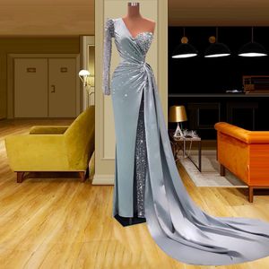 Haze Blue One Shoulder Prom Dresses Illusion Sequins Lace Party Dresses veck med t￥ganpassad aftonkl￤nning