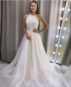 Halter Wedding Dress lace Sleeveless A-Line Tulle Organza White Court Train Simple Beach Vintage Low Back Robe De Mariee