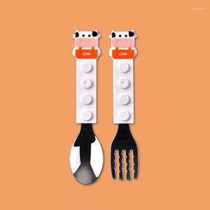 Dinnerware Sets 2PCS Baby Tableware Set Cartoon Building Blocks Spoon Fork For Safety Feeding Child Dining Toddler Cutlery