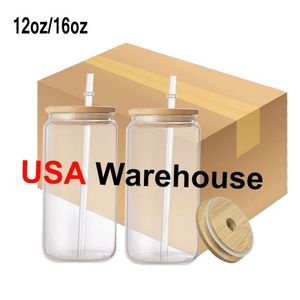 US -Stock 16 Unzen Sublimation Glass Bier Tassen mit Bambusdeckel Stroh Stroh Bumbler DIY Blanks Frosted Clear Can Cups Heiztransfer Cocktail Iced Coffee Whisky Brille SS1105