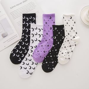 Women Socks 5 Colors Purple Cotton Skateboard Street Hip Hop Unisex Harajuku Calcetines Girls Sokken Stars Moon Funny Printing