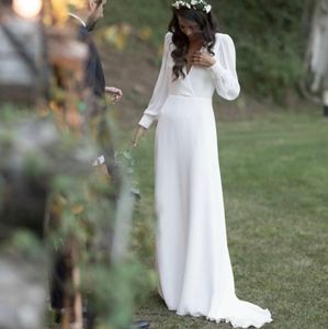 Elegante boho trouwjurk Boheemse lange mouw v nek chiffon holle achterste vloer lengte casual bruidsjurken Vestido de noiva