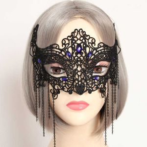 Masquerade Half-face Lace Mask Party Performance Purple Rhinestone & Long Bronze Chain Tassel Lace Masks Halloween Accessories
