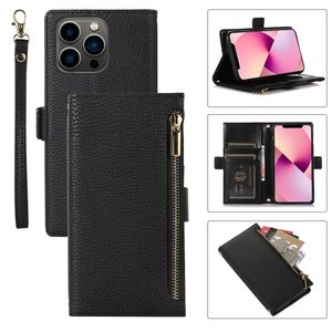 Seil-Reißverschluss-Folio-Handyhüllen für iPhone 14 13 12 11 Pro Max XR XS 7 8 Plus SE2 SE3 Robustes Schlüsselband Mehrere Kartenfächer Litschi-Muster Lederbrieftasche Kettenhalterungsschale