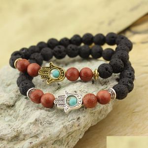 Beaded Lava Stone Yoga Energy Beaded Armband Antique Gold Sier Hamsa Hand Fashion smycken Tillbehör för kvinnor Män Drop Delivery 2 DHXSJ