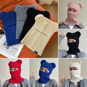 Autumn Winter Wool Pullover Hat Female Bear Ears Knitted Beanie Hats Warm Hat Outdoor Riding Windproof Head Cover Scarves Sets