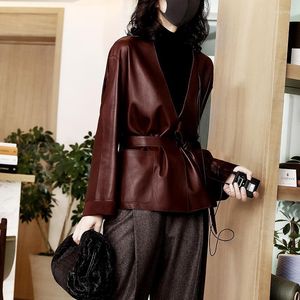 Women's Leather PU Jacket 2022 Autumn Women Loose Belted Mid-length Coat Spring Female Outwear J316